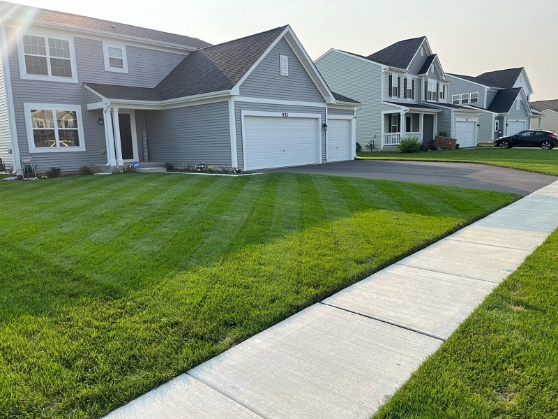 A house specializing in landscaping services with a driveway and grass in front of it, enhancing its curb appeal.